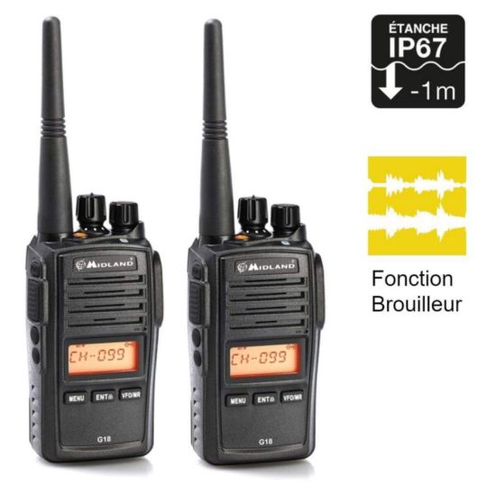Pack de 2 Midland G18 - walkie-talkie profesional PMR446 sin licencia, impermeable IP67 con función de encriptación