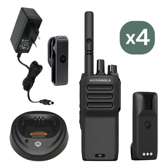 Motorola R2 UHF Numérique en pack de 4 avec clip, batterie, alimentation et chargeur
