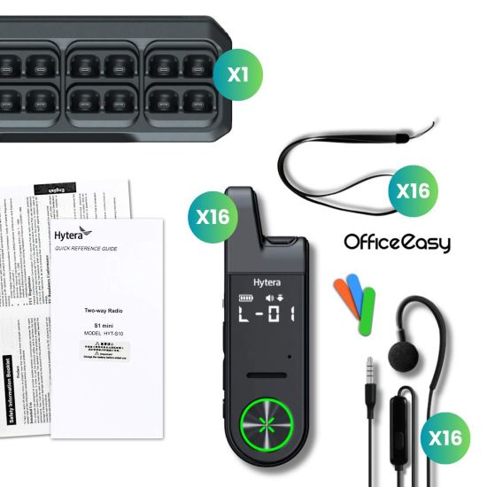 Pack de 16 Hytera S1 Mini + Estación de carga 16 ranuras - auriculares radios correas para equipo de ventas, servicio, equipo profesional