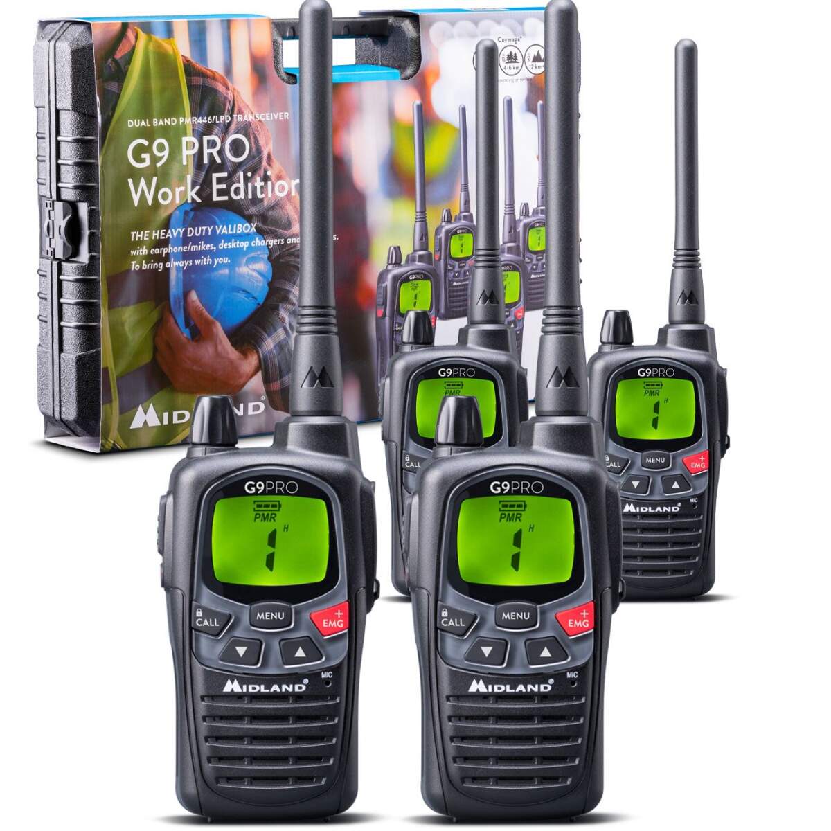 Product Image for Midland G9 Pro QuadPack + Maletín - Walkie Talkie sin Licencia Midland