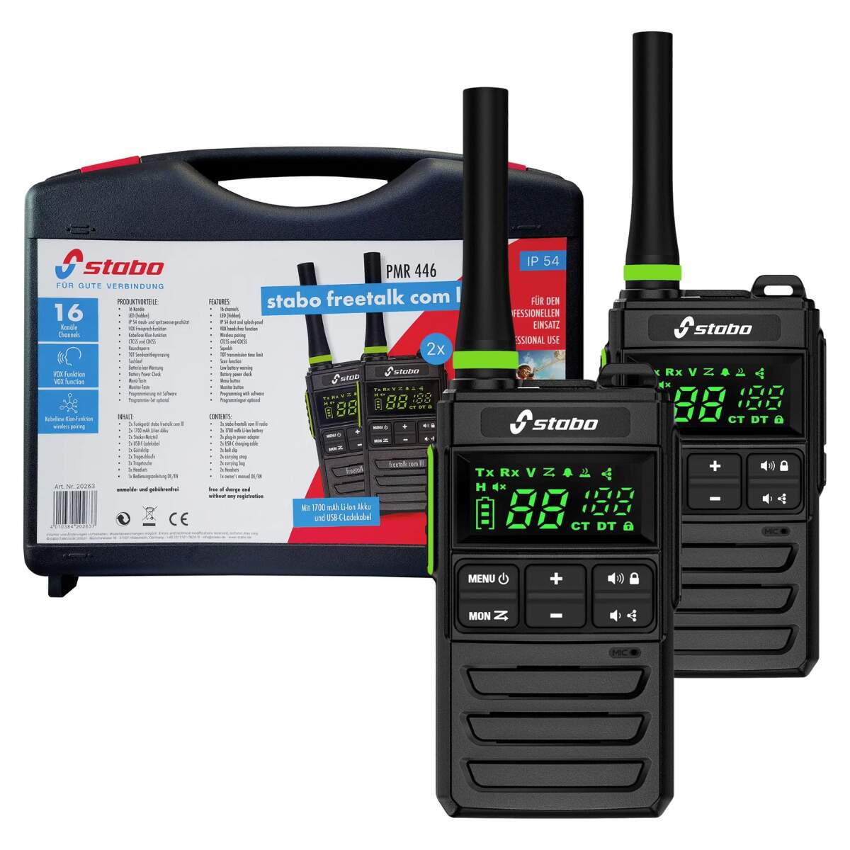 Product Image for Pack de 2 Stabo FREETALK COM III con maletín - Walkie Talkie Profesional PRESIDENT