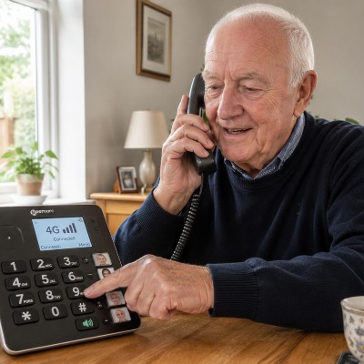 Persona mayor usando un teléfono fijo con tarjeta SIM de teclas grandes