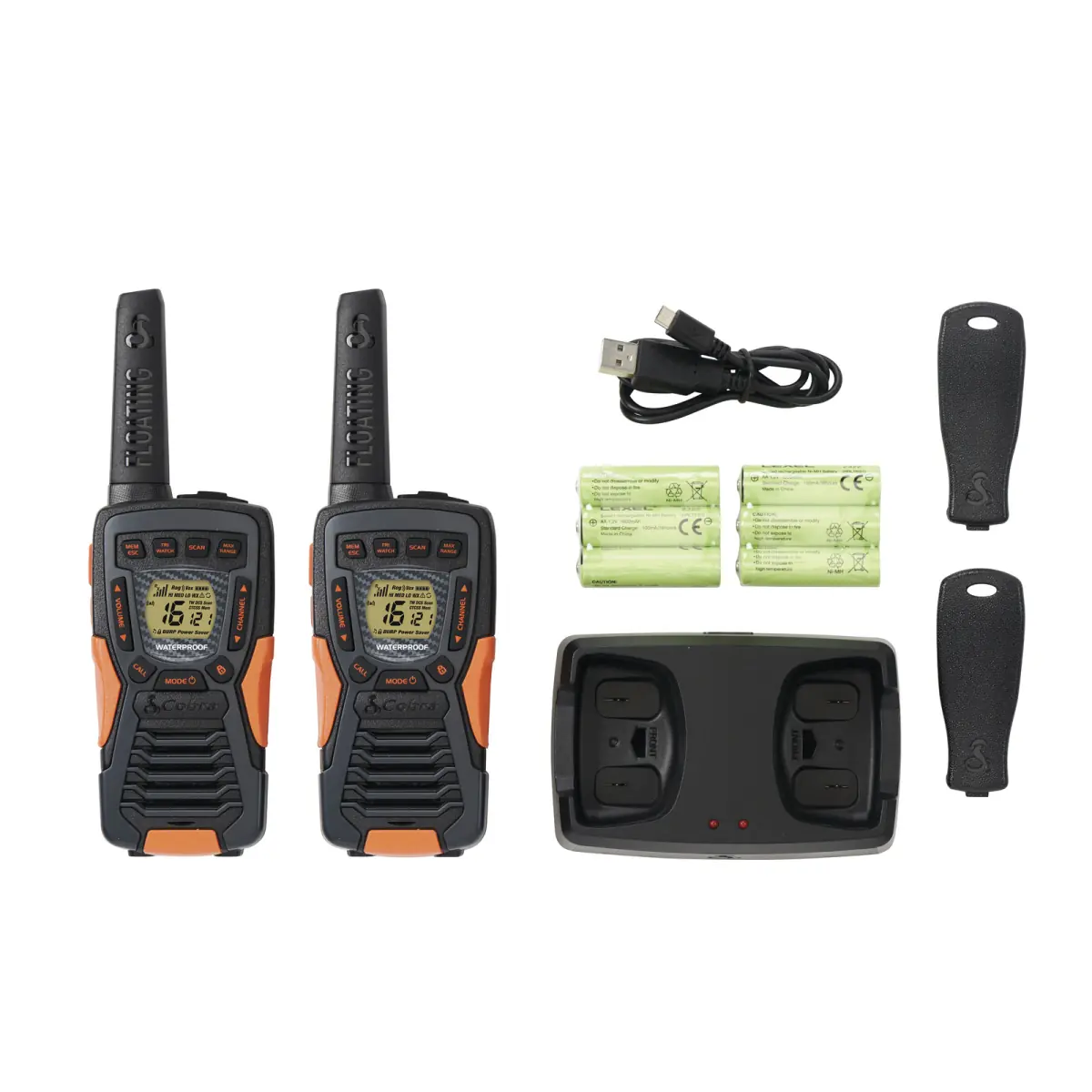 Contenido de la caja Cobra AM 1055 FLT: Cargador, base, clip y walkies talkies