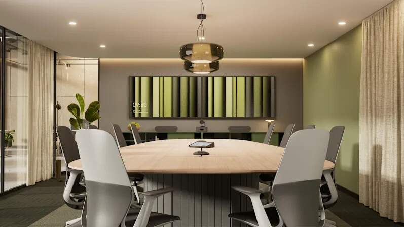 Sala de reuniones equipado con la Logitech Rally AI Camera Pro en uso