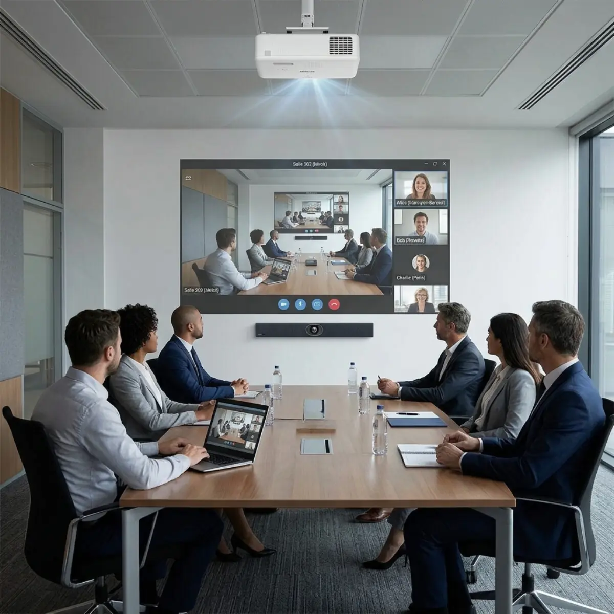Barra de videoconferencia y proyector en sala de reuniones